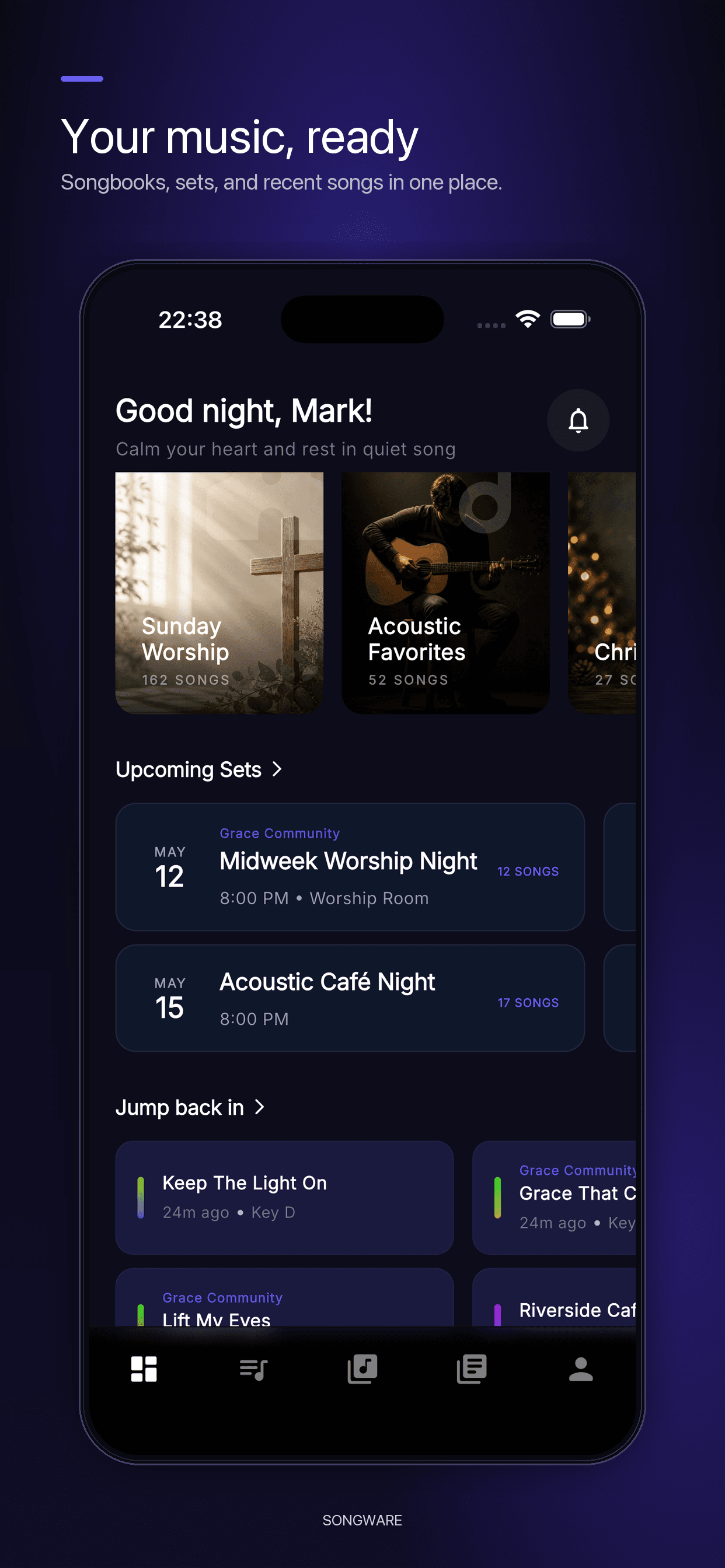 Songware mobile app dashboard with quick access to recent songs, songbooks, setlists, and imports