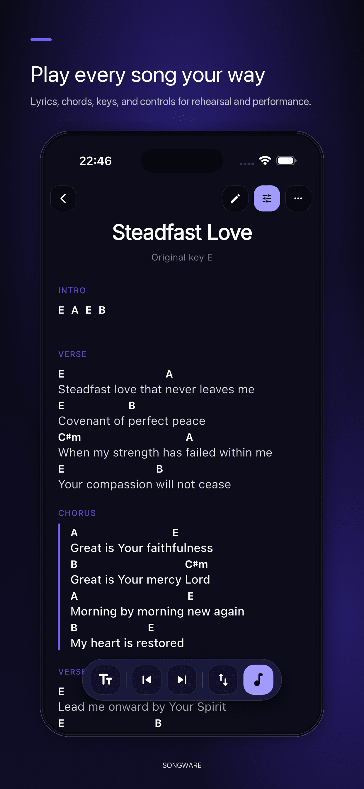 Song preview — Read lyrics and chords with live transposition and tone hints.
