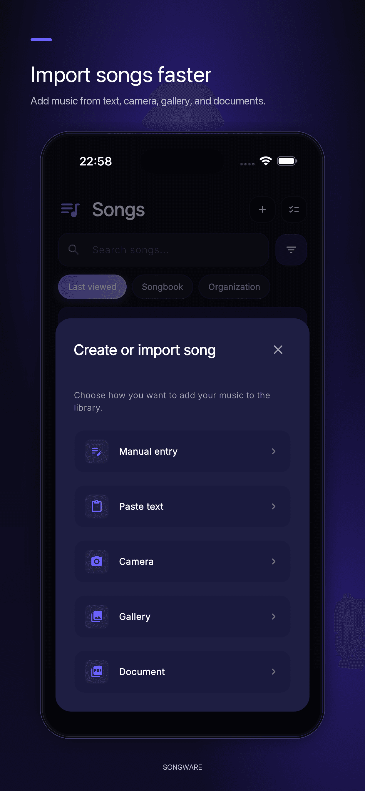 Smart import — Bring songs in from text, images, PDFs, ChordPro, and more.