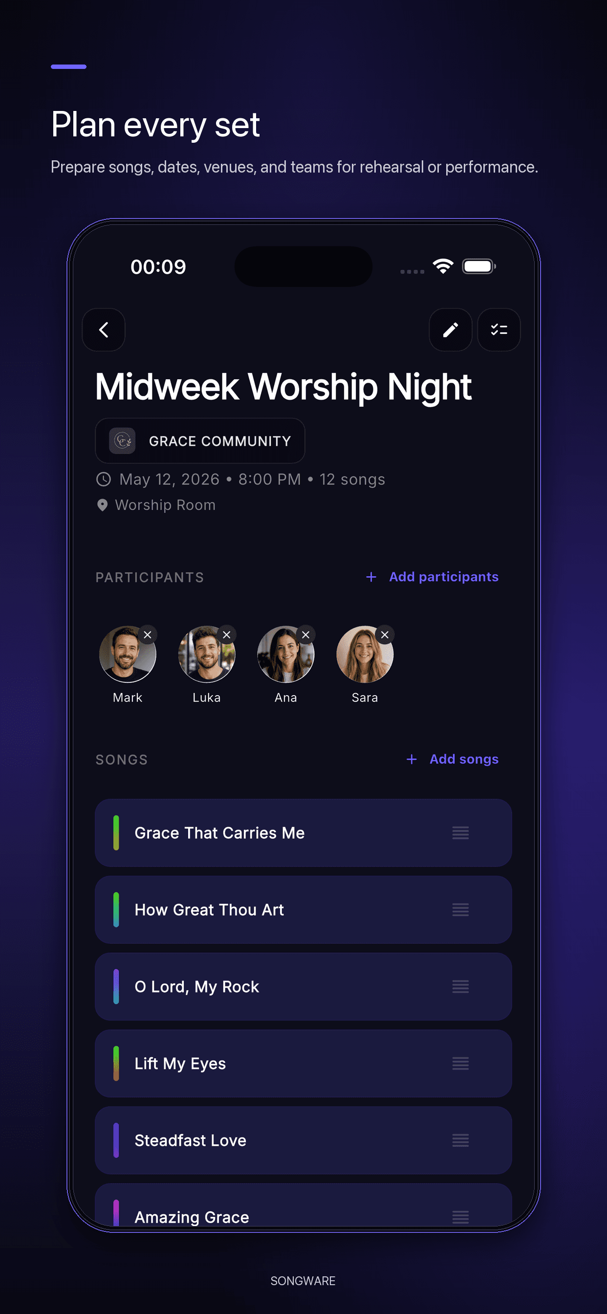 Songware setlist view on phone