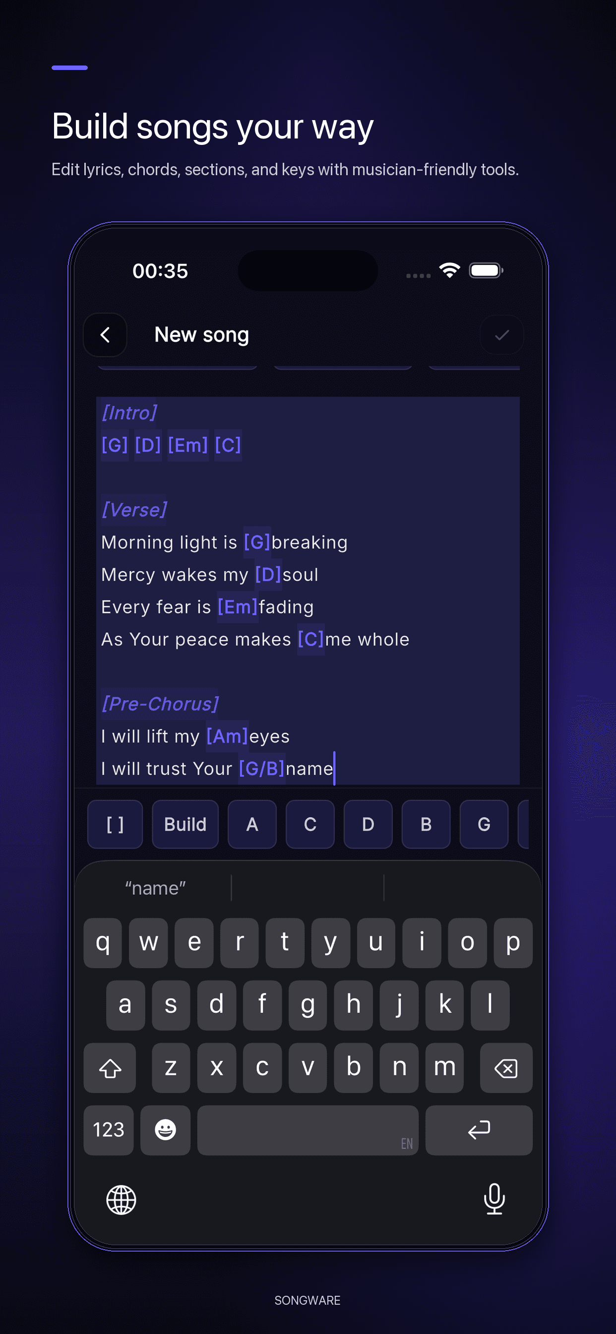 Edit song — Edit lyrics, chords, original key, and metadata in one place.