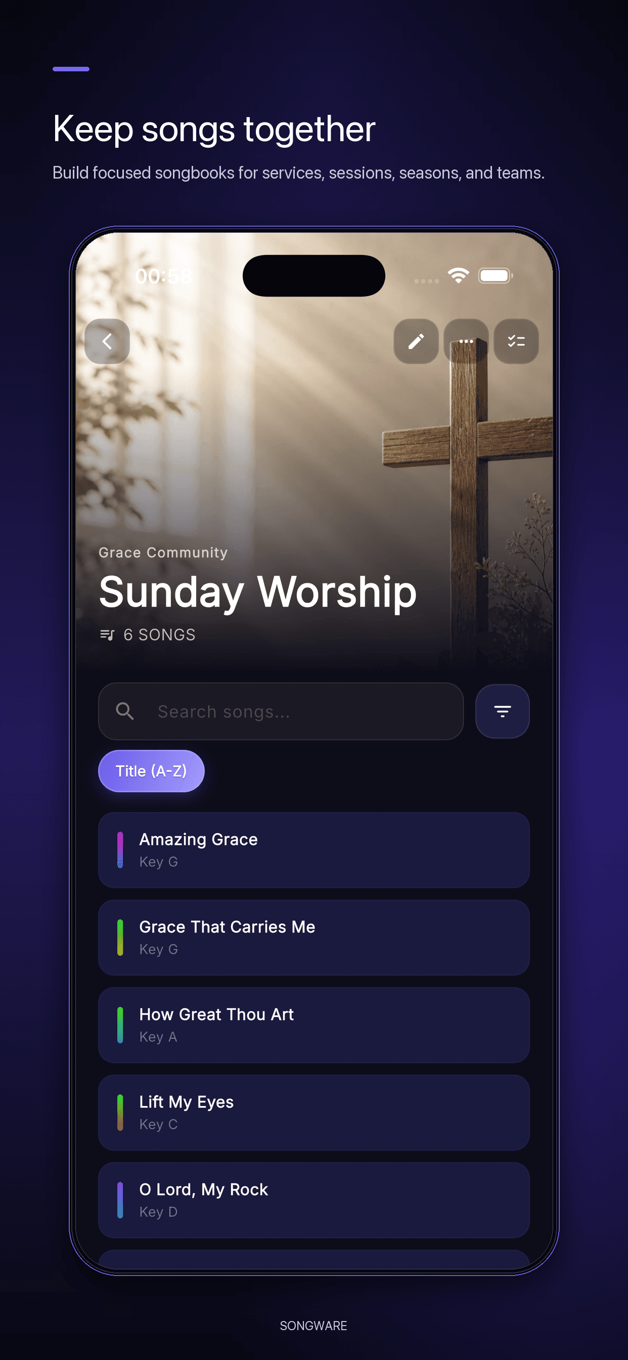 Songbook detail — Browse the songs inside a songbook and jump straight to a preview.