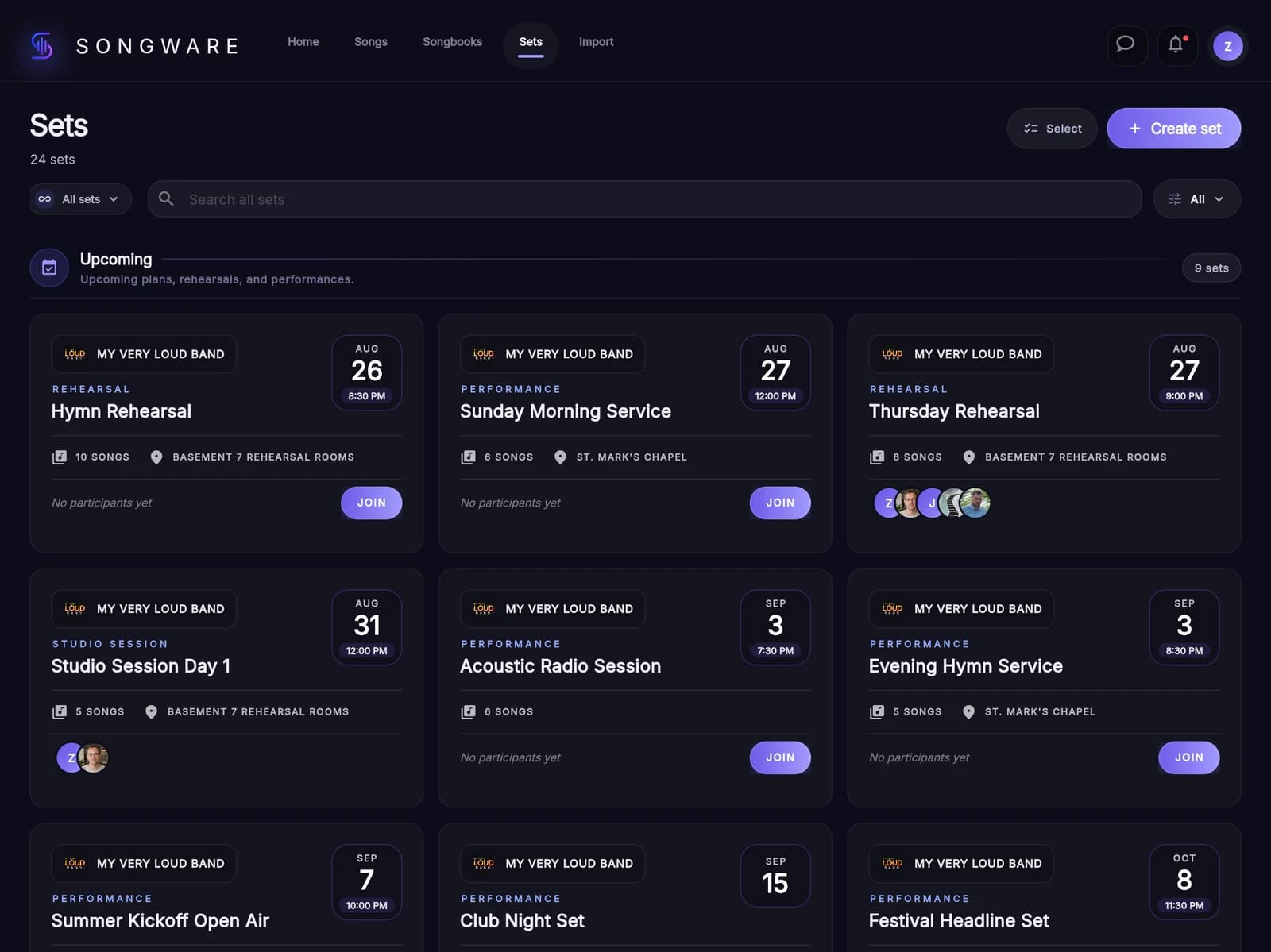 The Songware sets workspace, where a live session is started