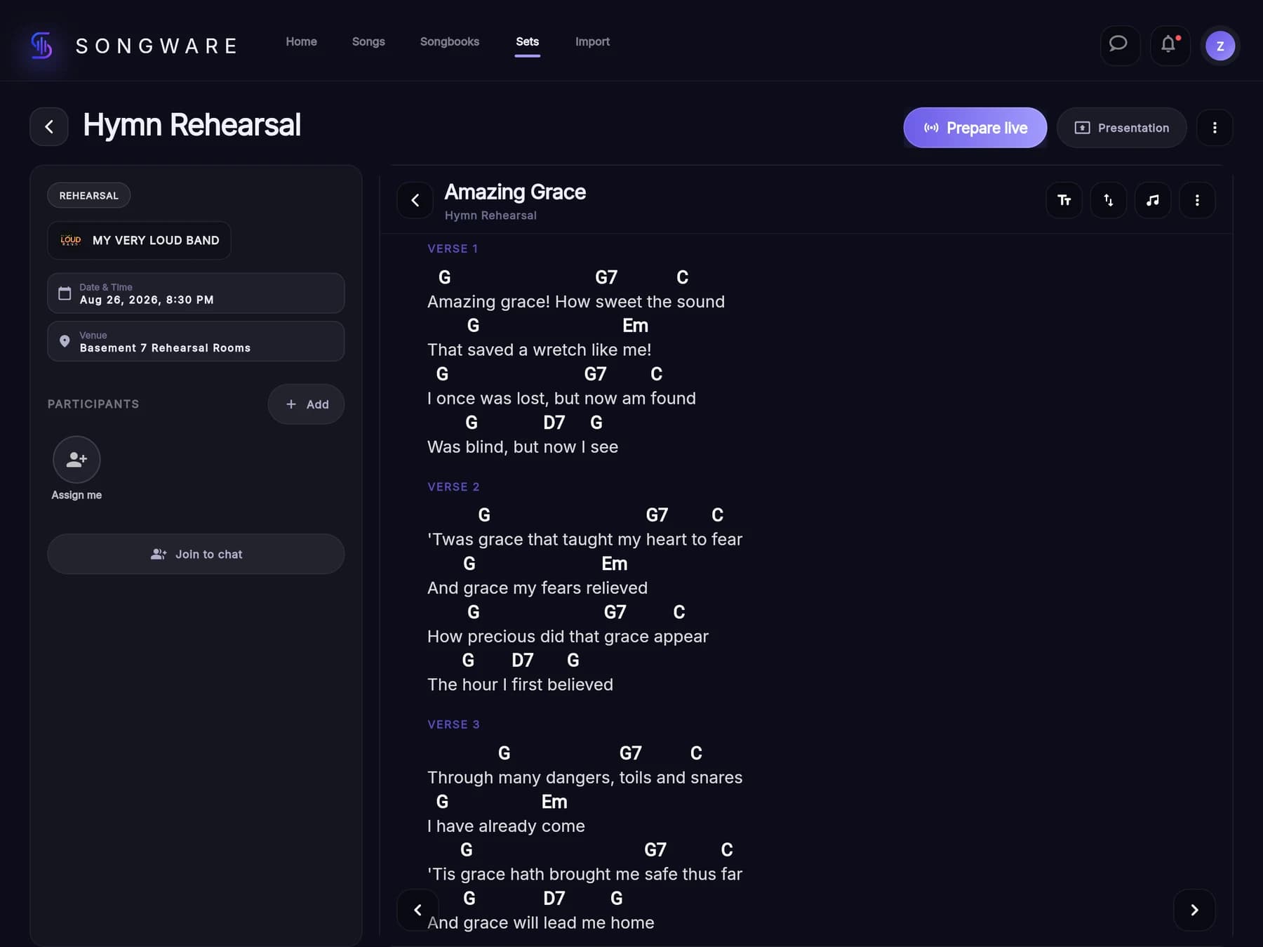 A song open inside a setlist in Songware, chords above the lyrics, with a Prepare live button