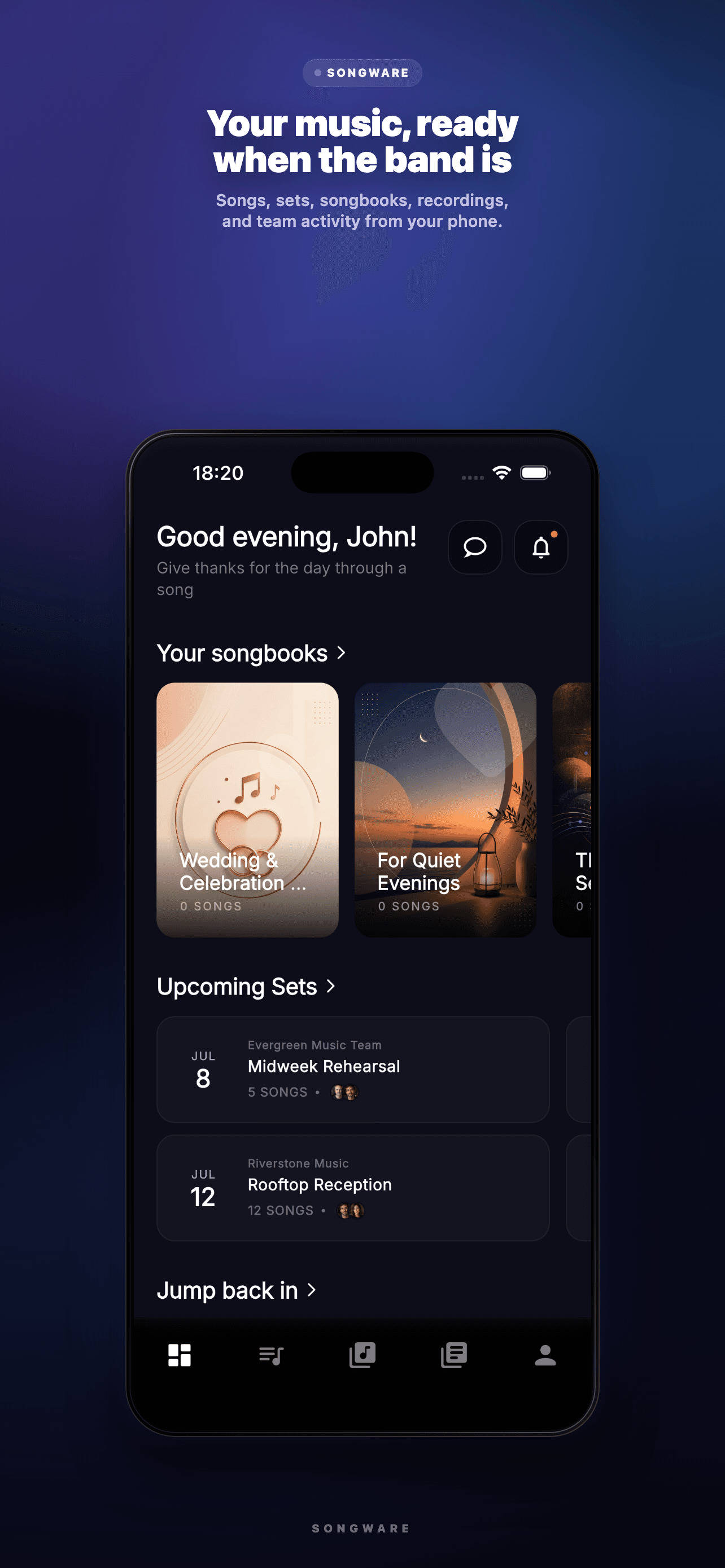 Songware mobile app home screen with songbooks, upcoming sets, recordings, and team activity