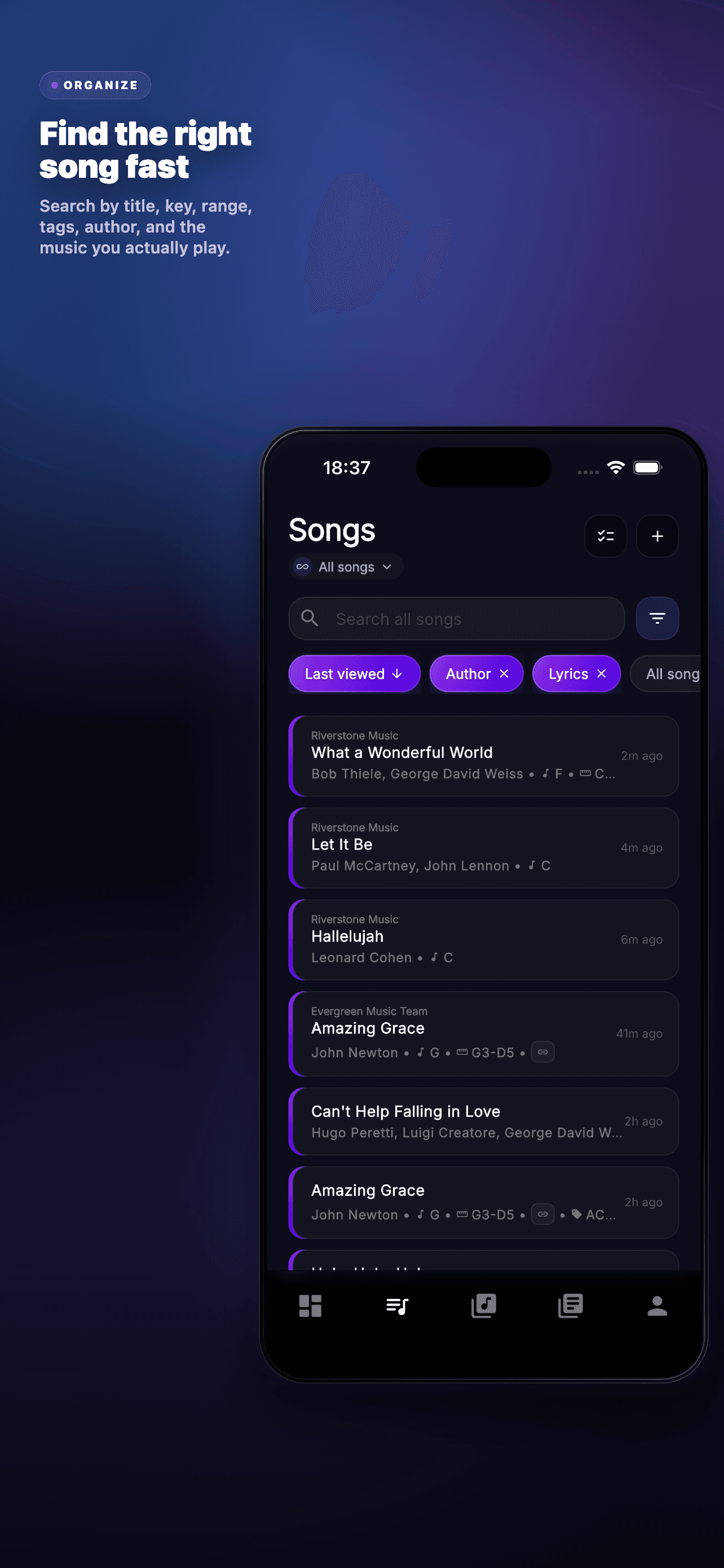 Song library — Search by title, key, range, tags, and author to find any song fast.