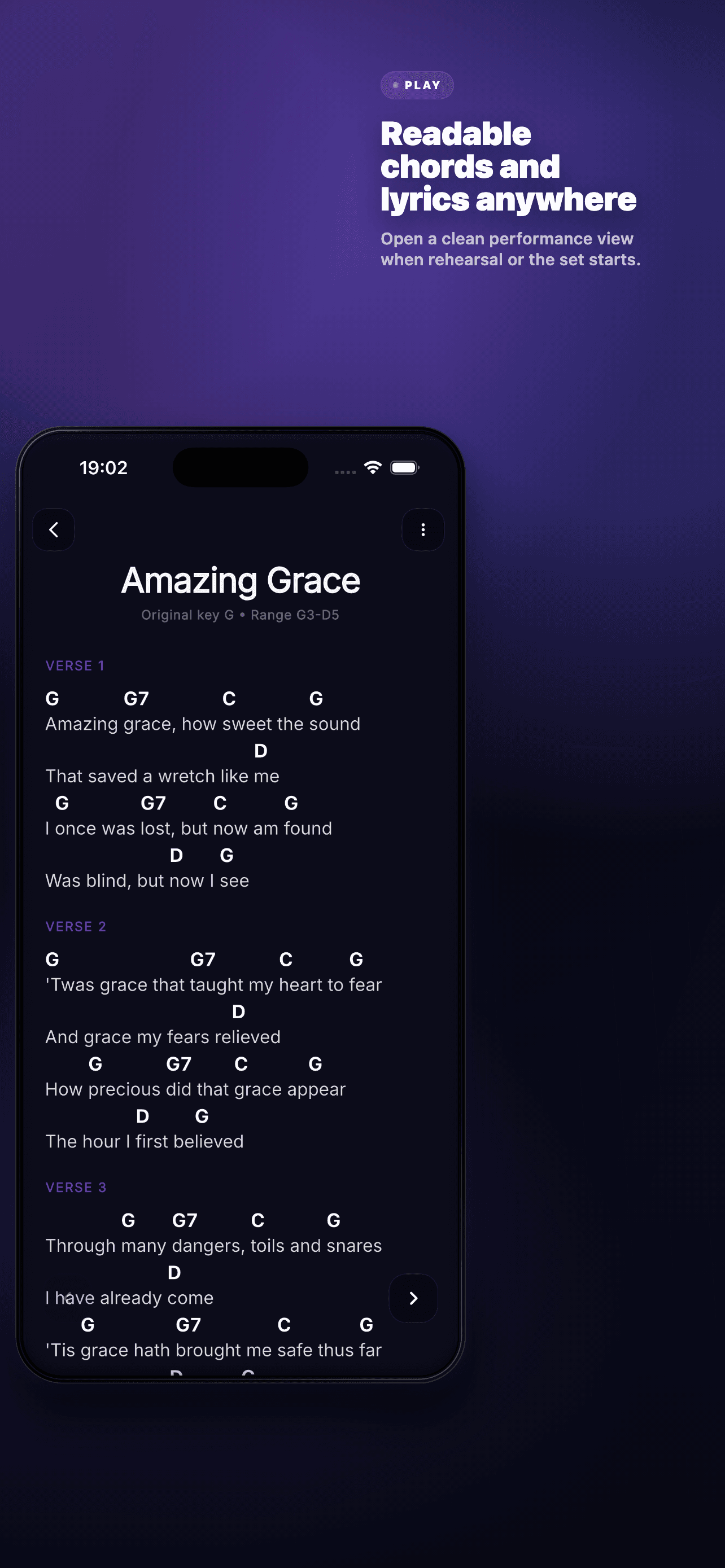 Performance view — Clean, readable chords and lyrics with live transposition.