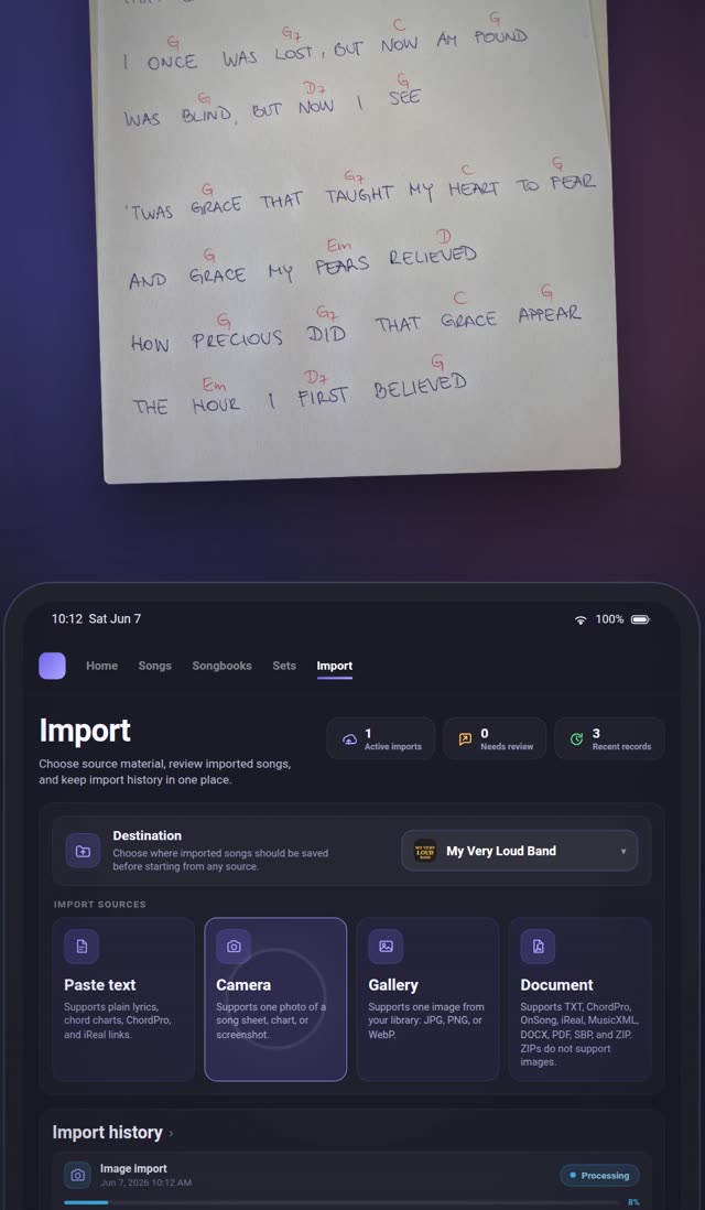 A handwritten chord sheet being photographed, and the same song arriving in the Songware import workspace