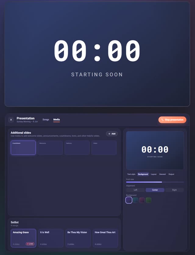 The Songware presentation cockpit: a countdown on the output screen, slides and the setlist below, the inspector on the right